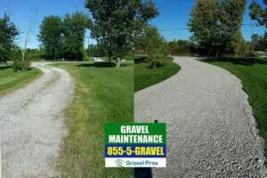A before and after picture of a gravel driveway.
