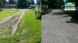 A split photo of two different roads with grass growing on them.