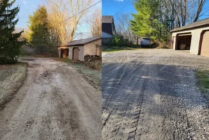 A before and after picture of the dirt road.