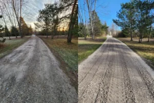 A split photo of two different roads with one showing the same road.