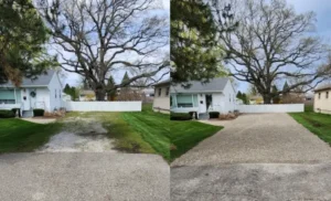 A split photo of the same house and the same driveway.