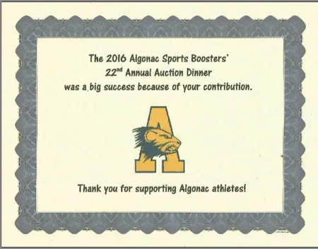 A plaque with the letter a and the words " 2 0 1 6 algonac sports boosters ' annual auction dinner was a big success because of
