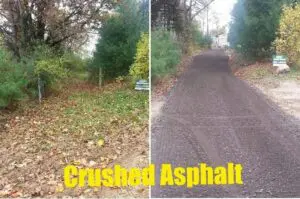 Two pictures of a road with leaves on the ground and trees.