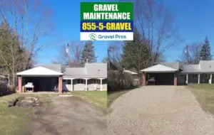 A before and after picture of a gravel driveway.