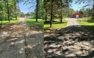 A split photo of two different roads with trees in the background.