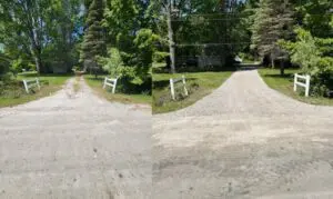 A split photo of the same road in different directions.