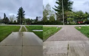 A split photo of two different roads with grass growing on them.