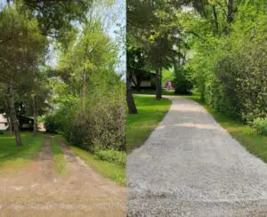 Two different pictures of a dirt road and trees.