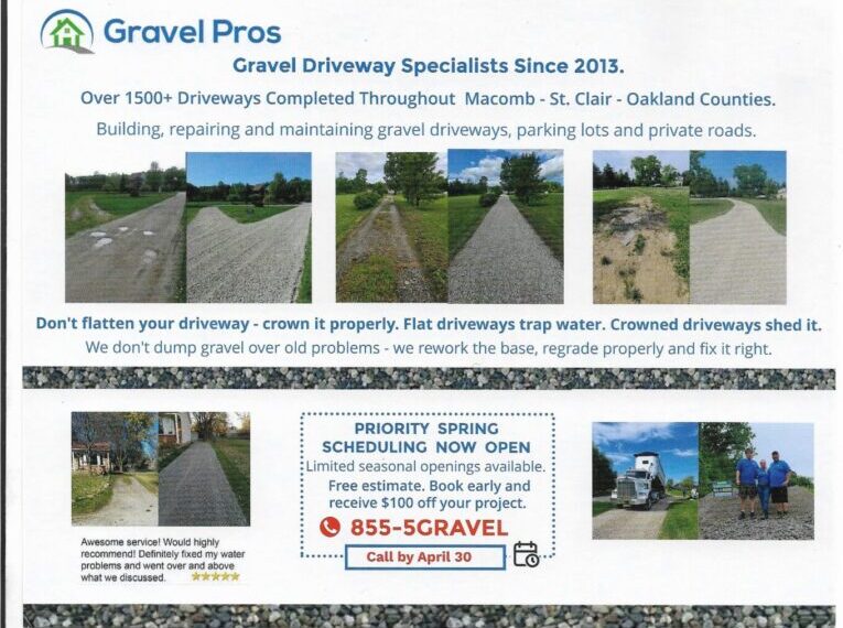 Gravel driveway services advertisement with contact details.